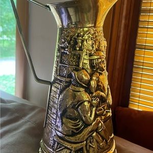 PEERAGEvintage brass pitcher;England,embossed w great detail,$60 obo, pub scene